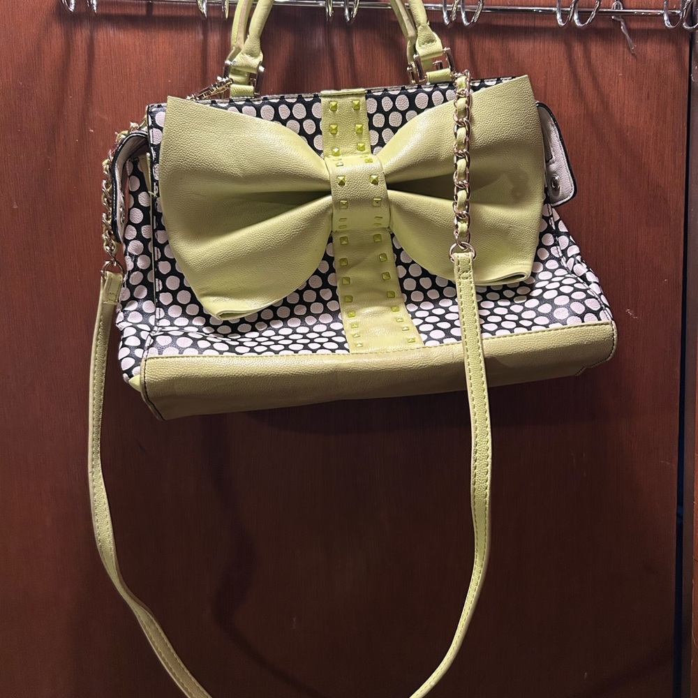 Betsey Johnson Lime Green and Black Polka Dot Bow Bag